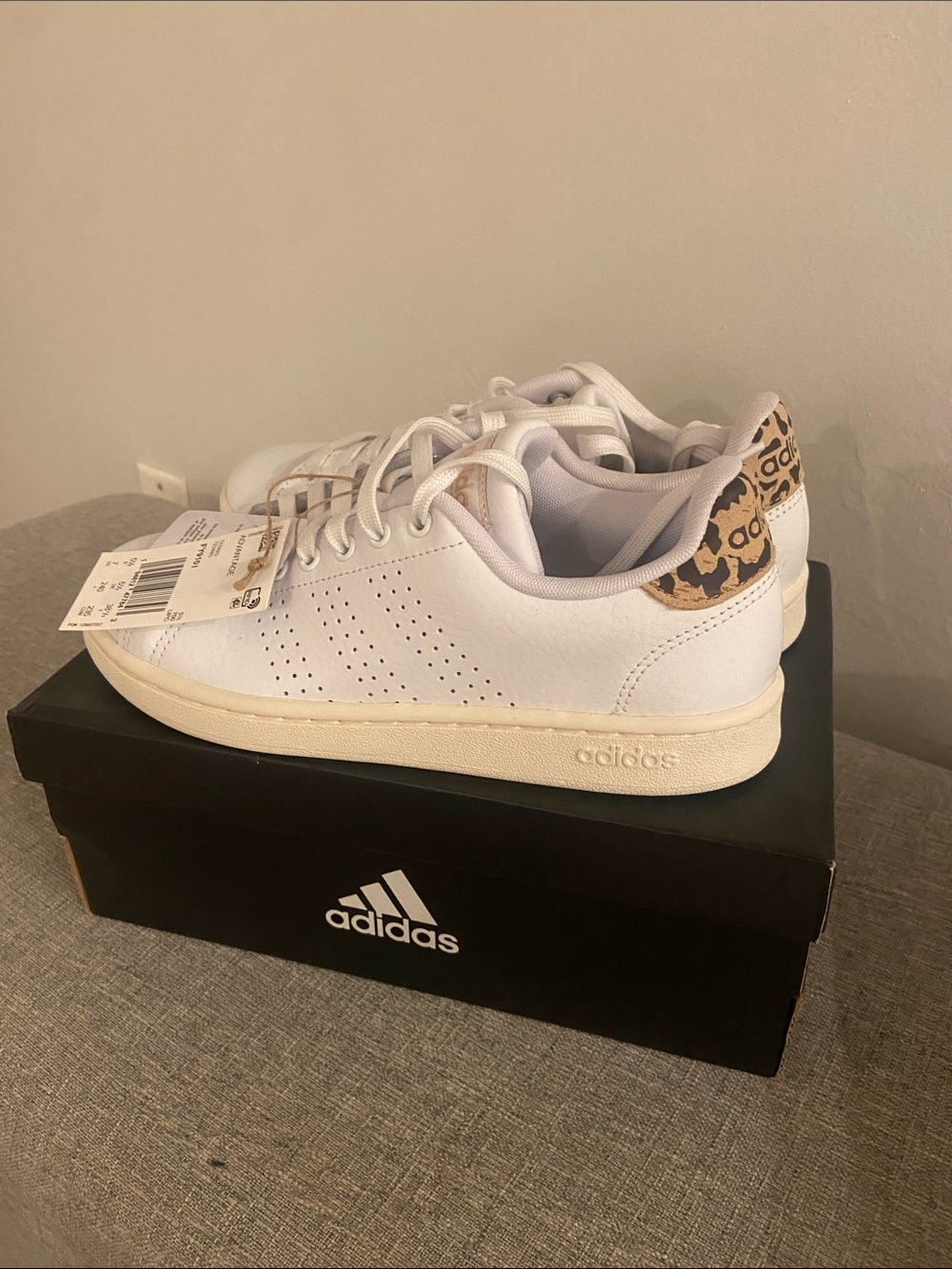 adidas Women's White Leather Sneakers with Leopard Heel Patch